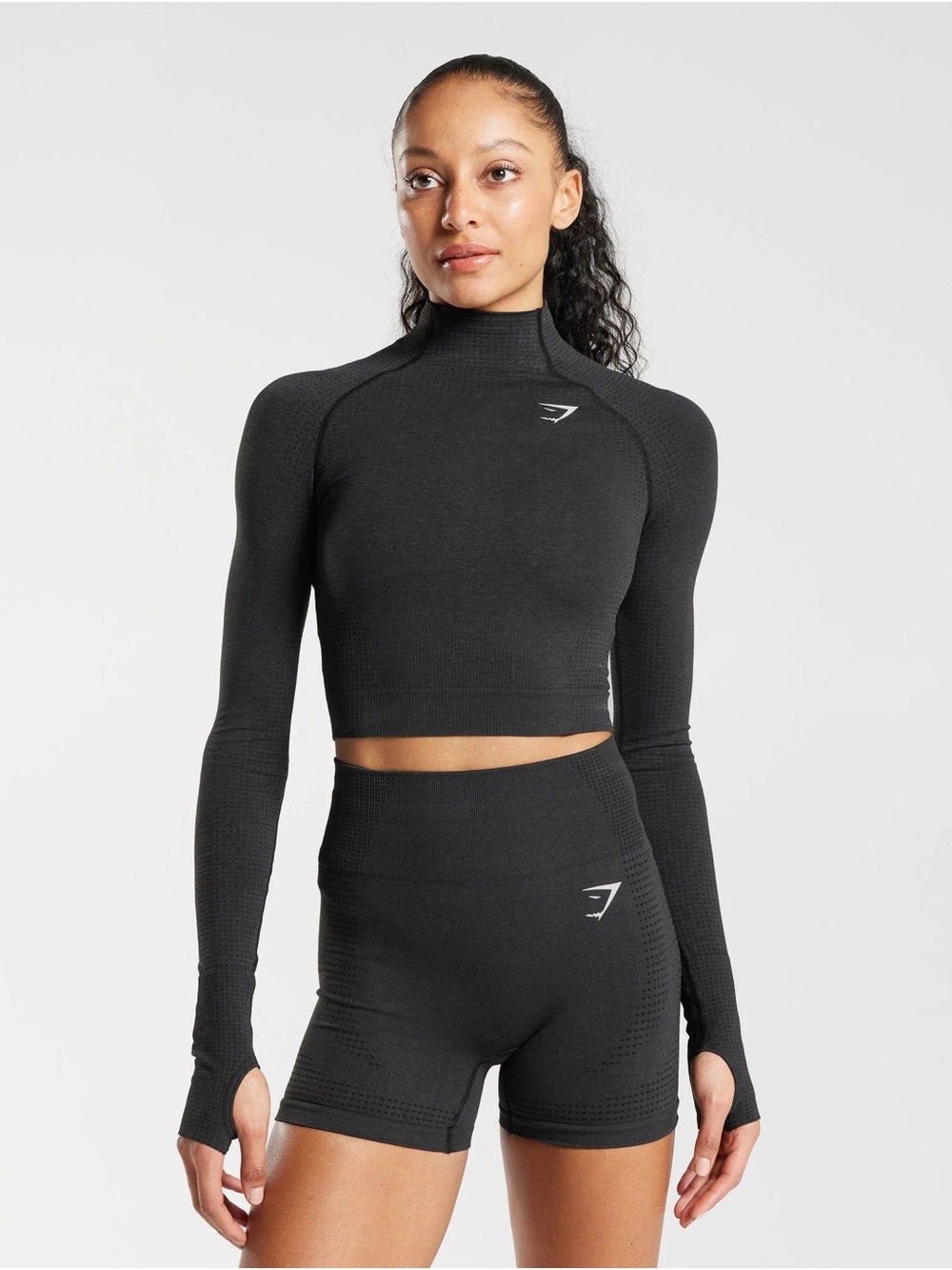 GYMSHARK Black Cropped Long-Sleeve Mock Neck Top with Thumbholes